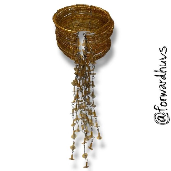 Statement Cuff Necklace & Bracelet Set – Gold Tone Beaded Fringe - Picture 7 of 11